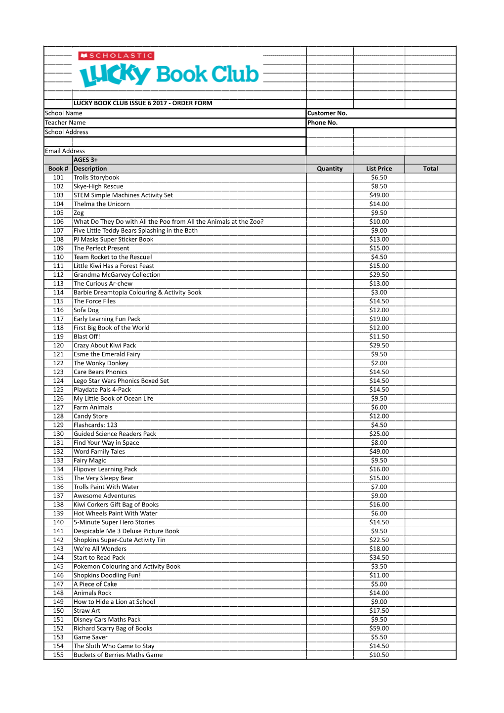 LUCKY BOOK CLUB ISSUE 6 2017 - ORDER FORM School Name Customer No