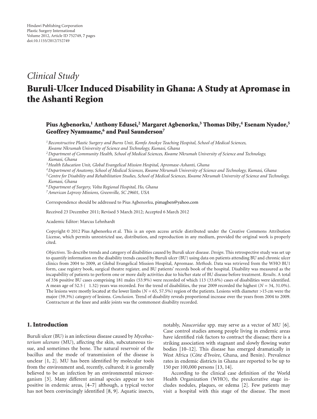 Buruli-Ulcer Induced Disability in Ghana: a Study at Apromase in the Ashanti Region