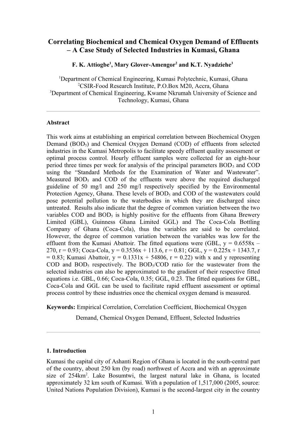 Empirical Correlation Between BOD5 and COD of Effluents from Selected Industries in The