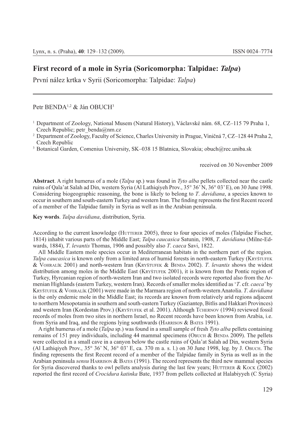 First Record of a Mole in Syria (Soricomorpha: Talpidae: Talpa) První Nález Krtka V Syrii (Soricomorpha: Talpidae: Talpa)