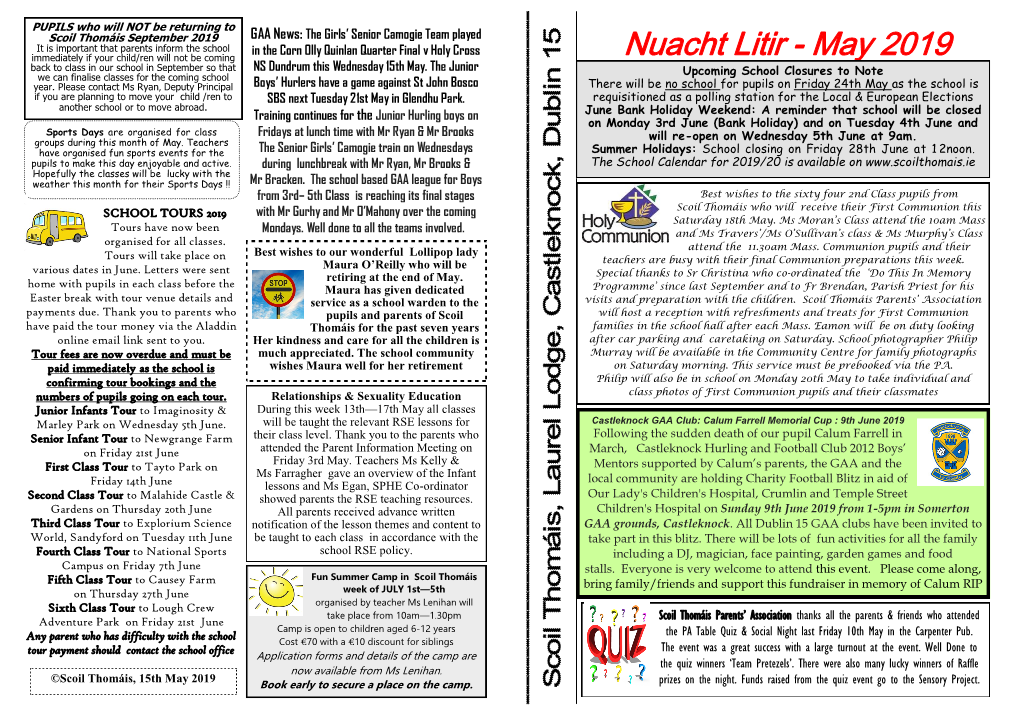 Nuacht Litir - May 2019 Back to Class in Our School in September So That NS Dundrum This Wednesday 15Th May