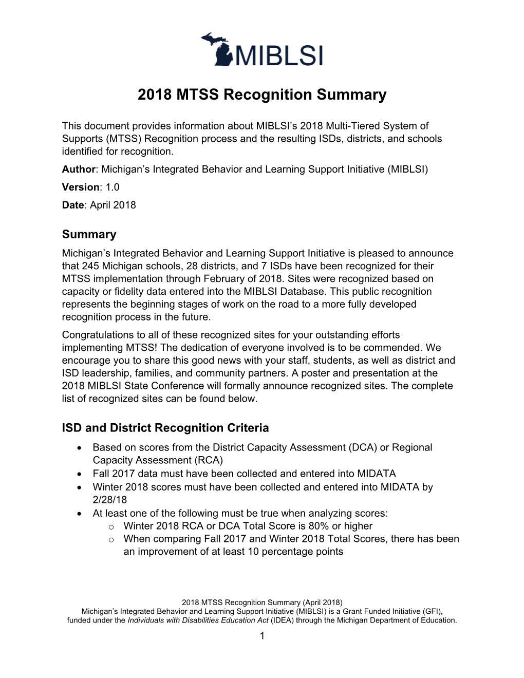 2018 MTSS Recognition Summary