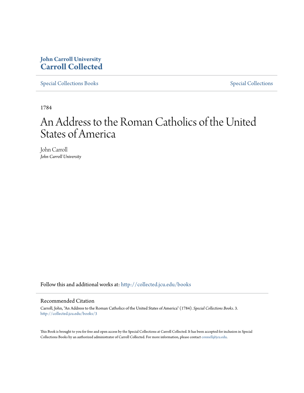 An Address to the Roman Catholics of the United States of America John Carroll John Carroll University