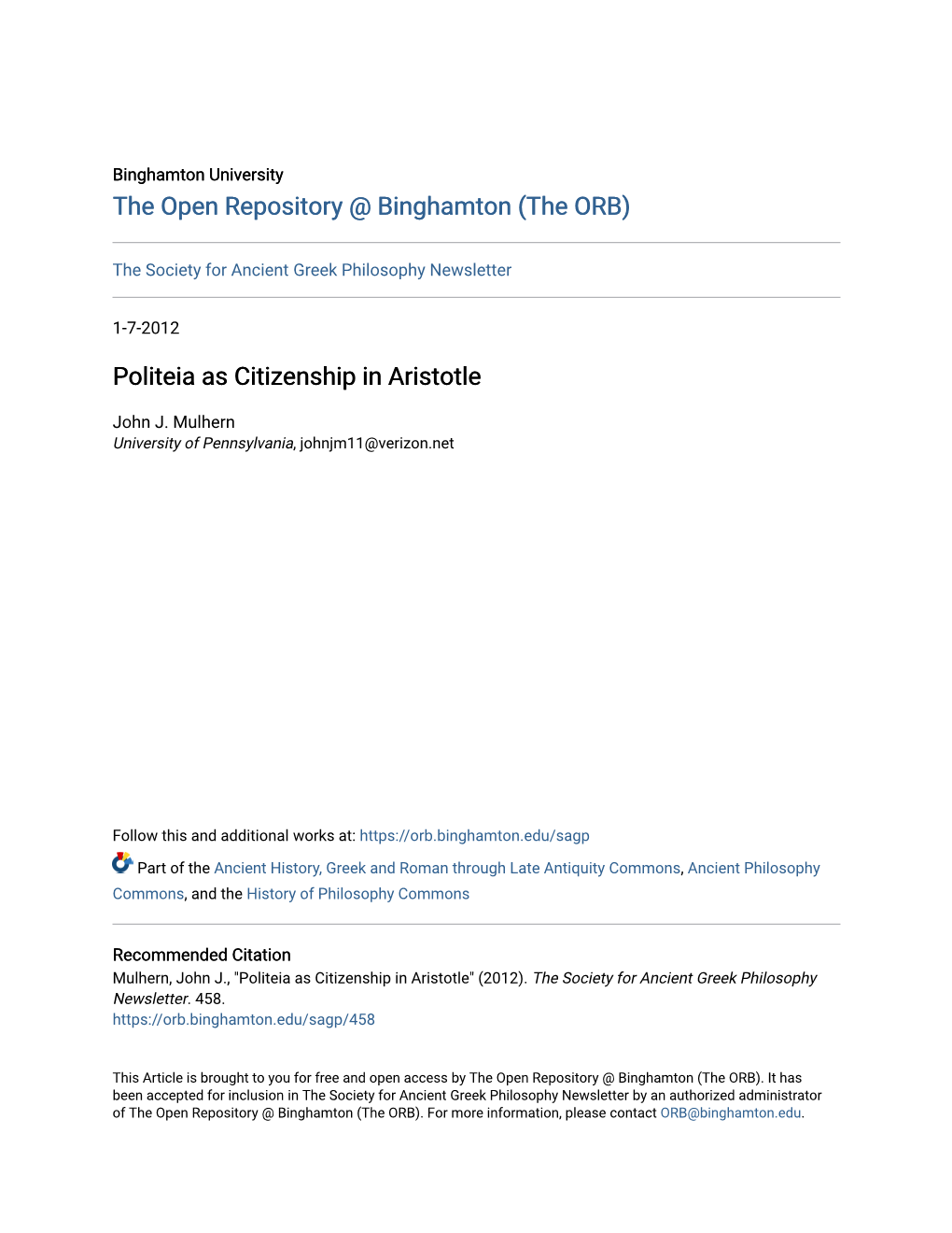 Politeia As Citizenship in Aristotle