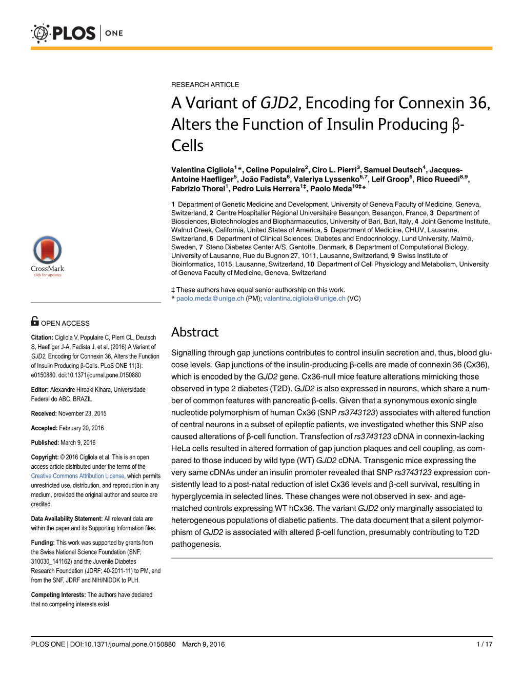 A Variant of GJD2, Encoding for Connexin 36, Alters the Function of Insulin Producing Β-Cells