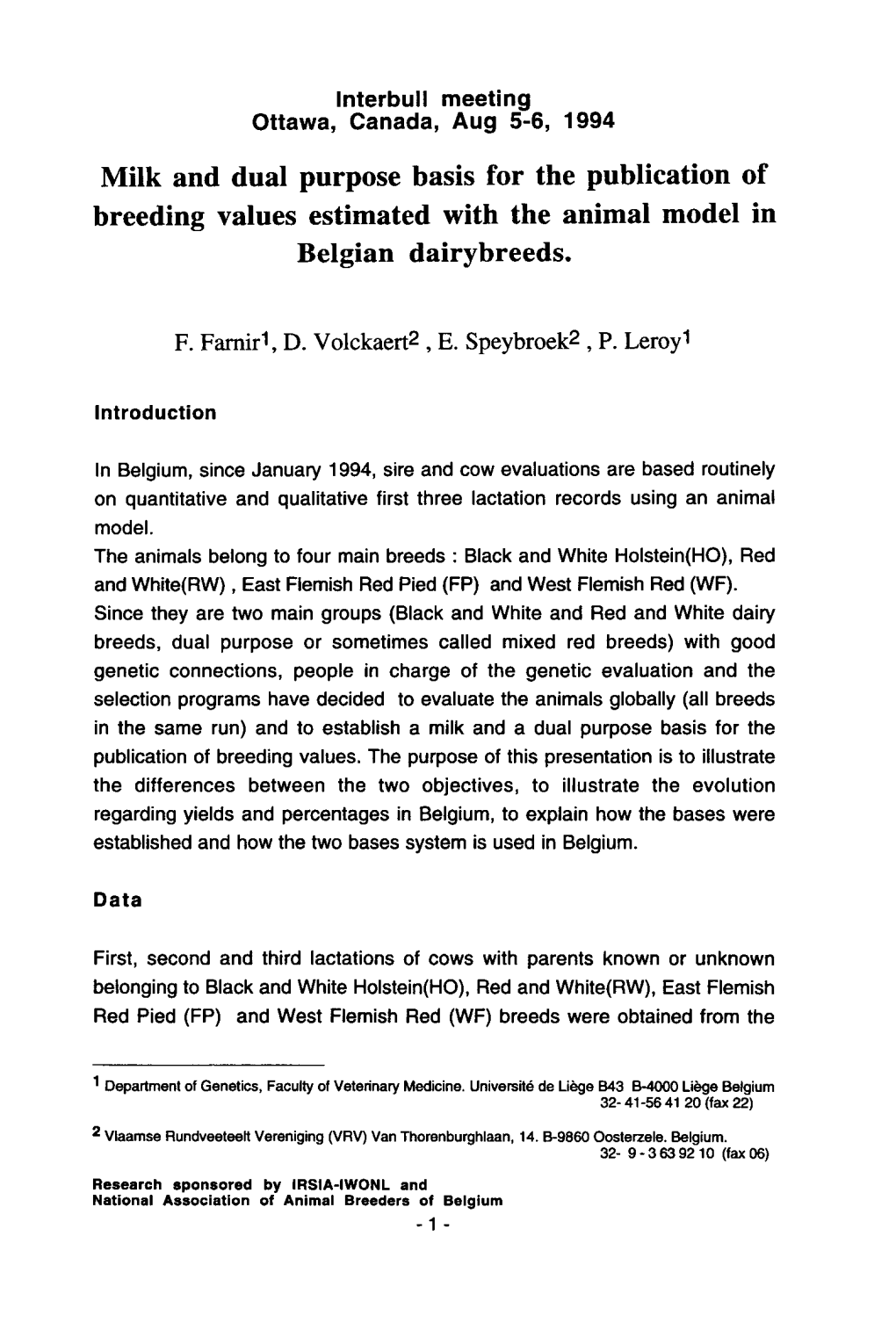 Breeding Values Estimated with the Animal Model in Belgian Dairybreeds