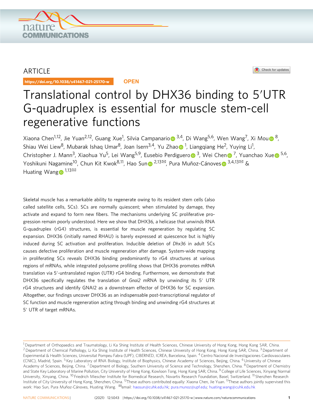 Translational Control by DHX36 Binding to 5′UTR G-Quadruplex Is Essential for Muscle Stem-Cell Regenerative Functions