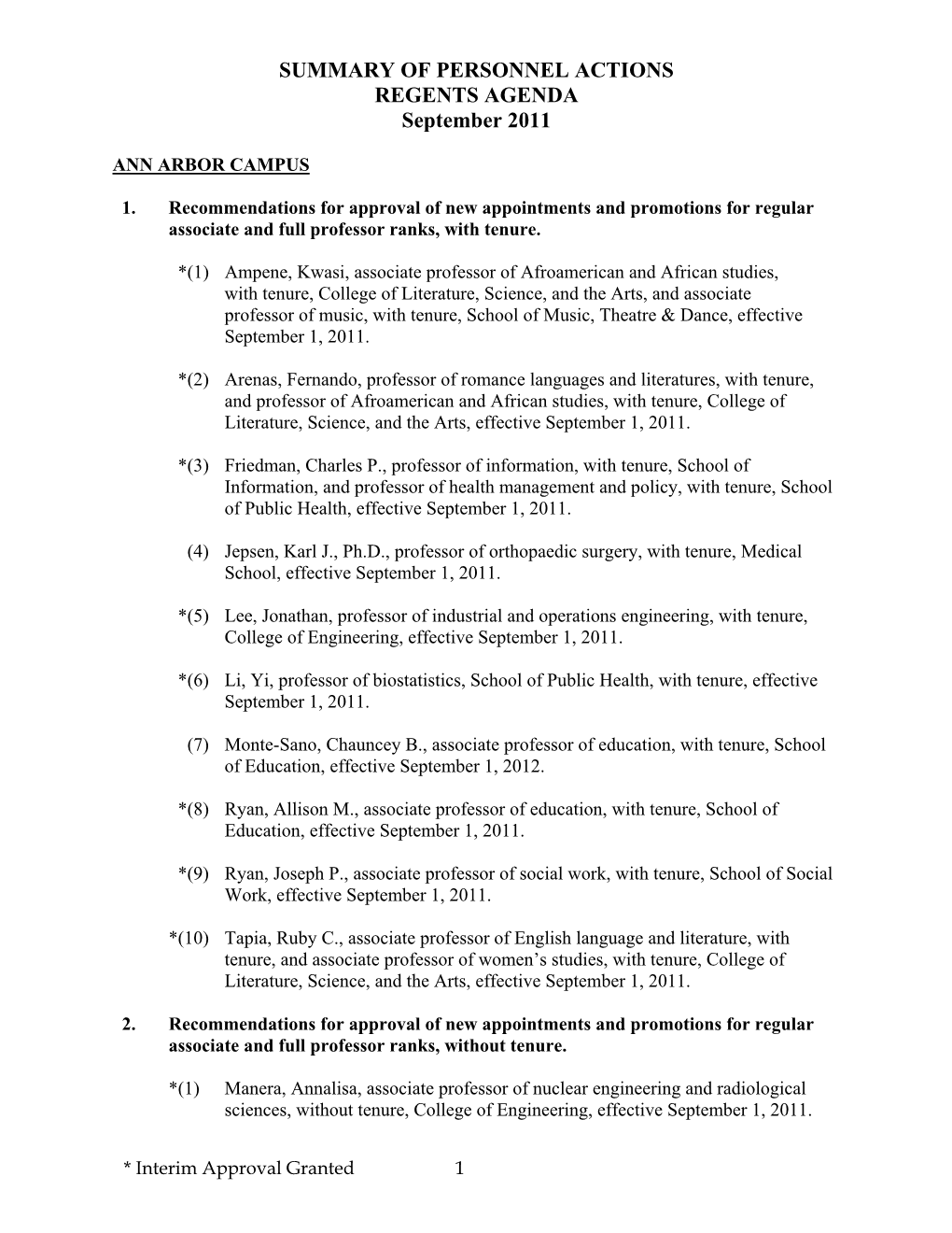 SUMMARY of PERSONNEL ACTIONS REGENTS AGENDA September 2011