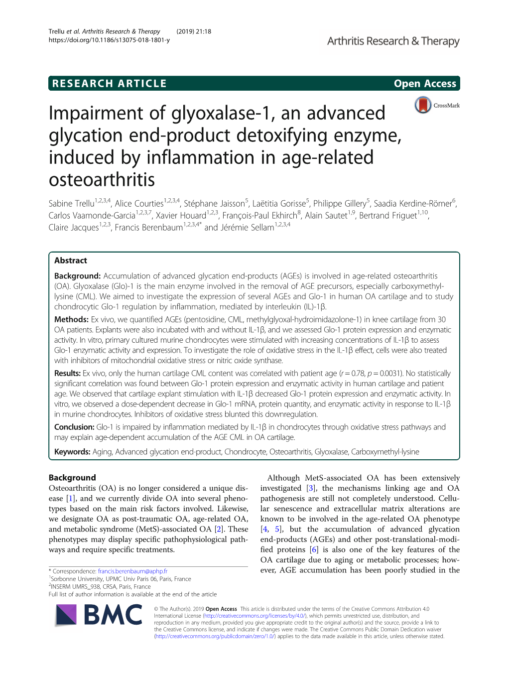 Impairment of Glyoxalase-1, an Advanced Glycation End-Product Detoxifying Enzyme, Induced by Inflammation in Age-Related Osteoar