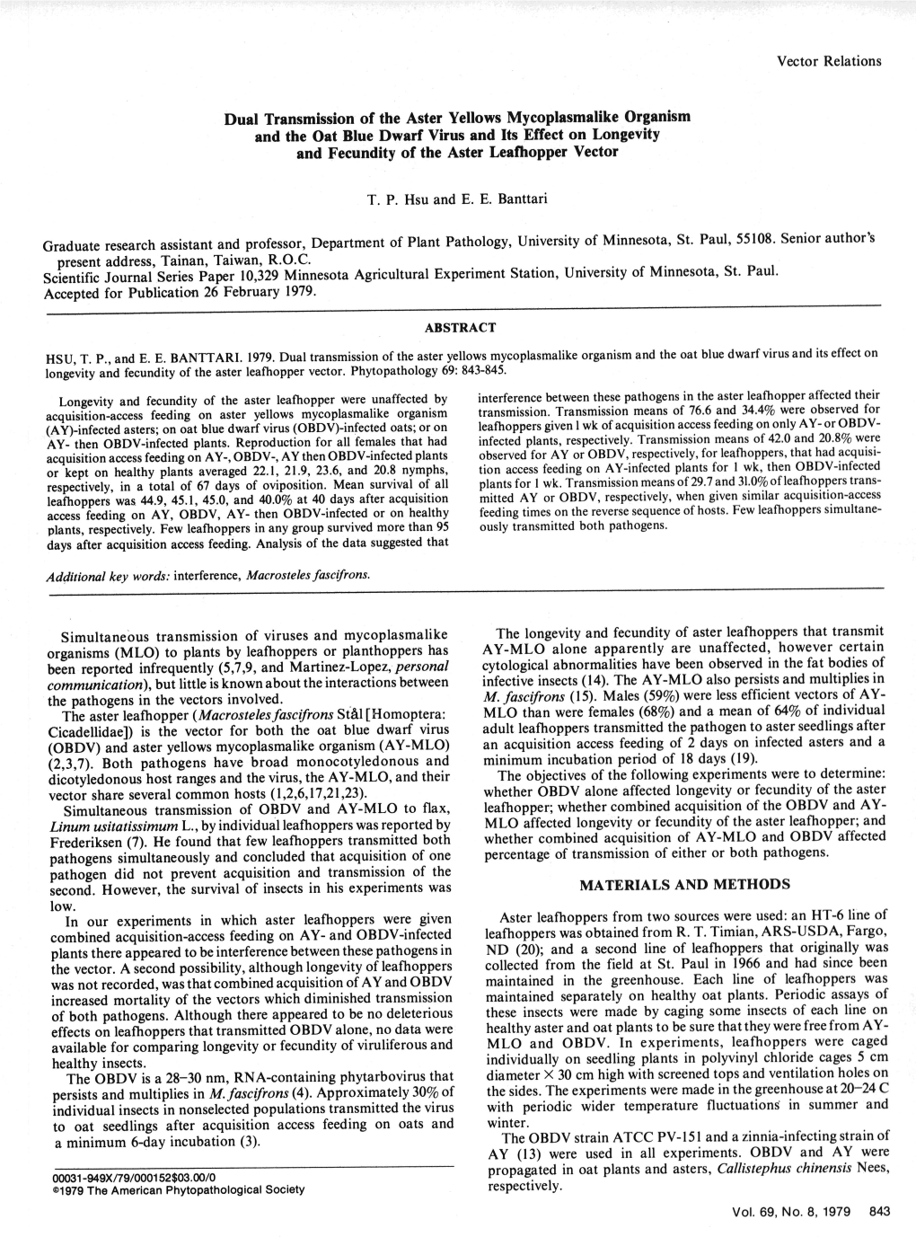 Vector Relations Dual Transmission of the Aster Yellows Mycoplasmalike