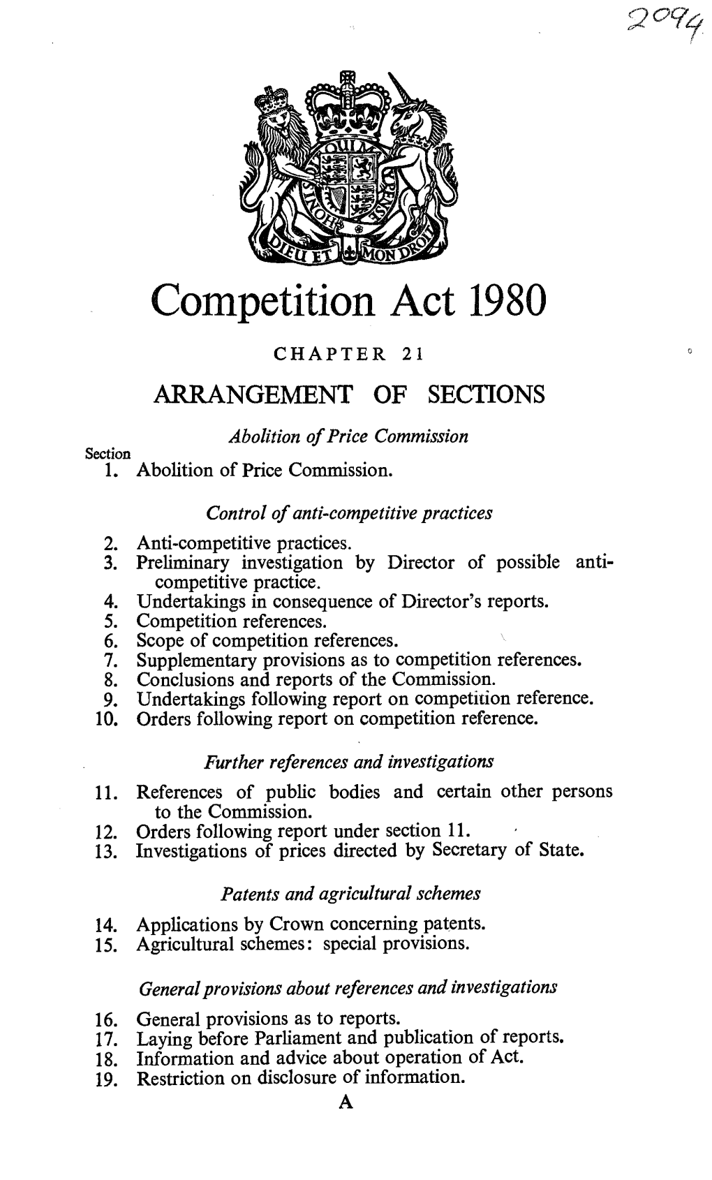Competition Act 1980 CHAPTER 21 ARRANGEMENT of SECTIONS