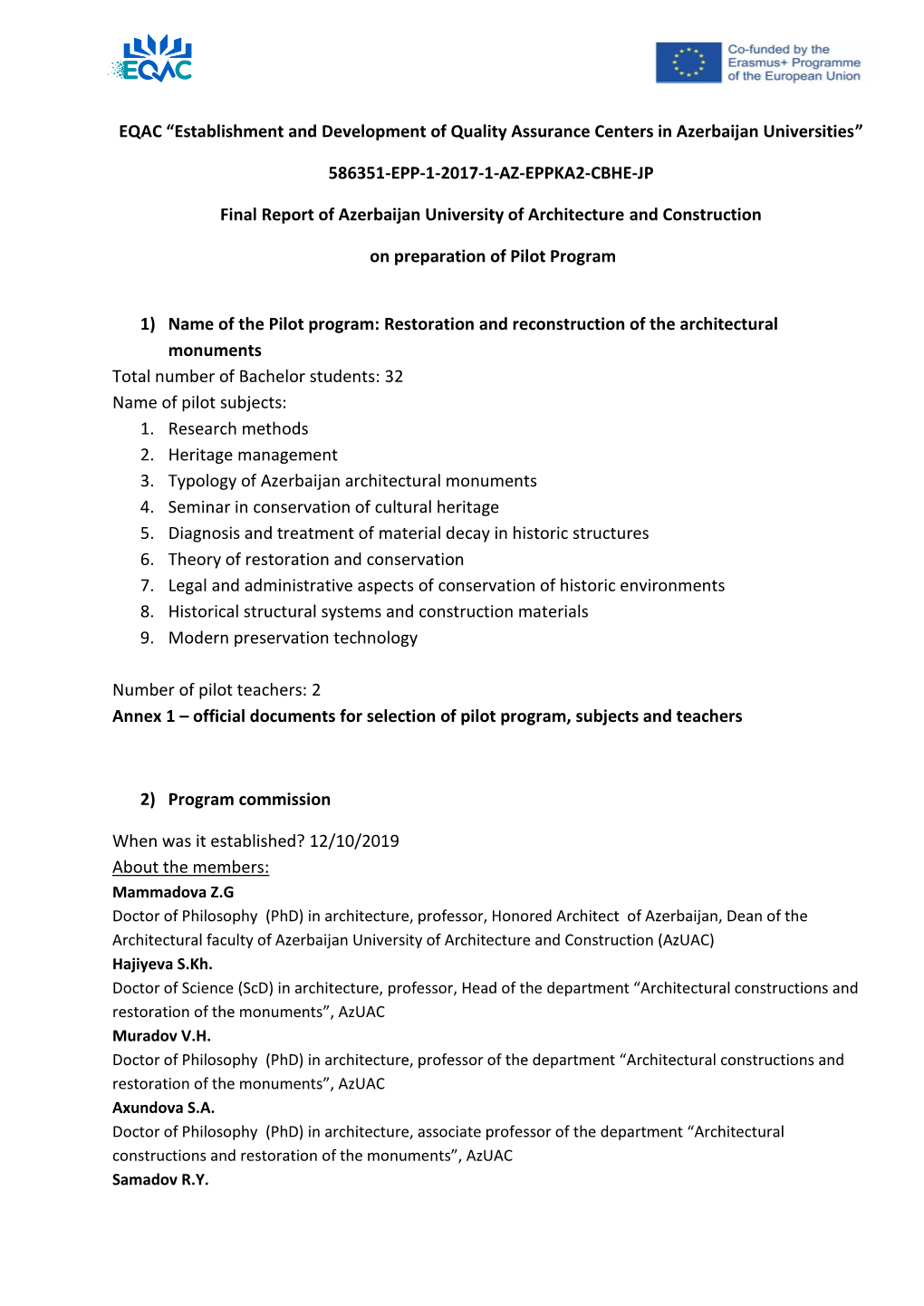 EQAC “Establishment and Development of Quality Assurance Centers in Azerbaijan Universities”