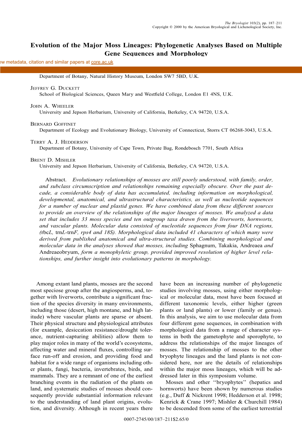 Evolution of the Major Moss Lineages: Phylogenetic Analyses Based on Multiple Gene Sequences and Morphology