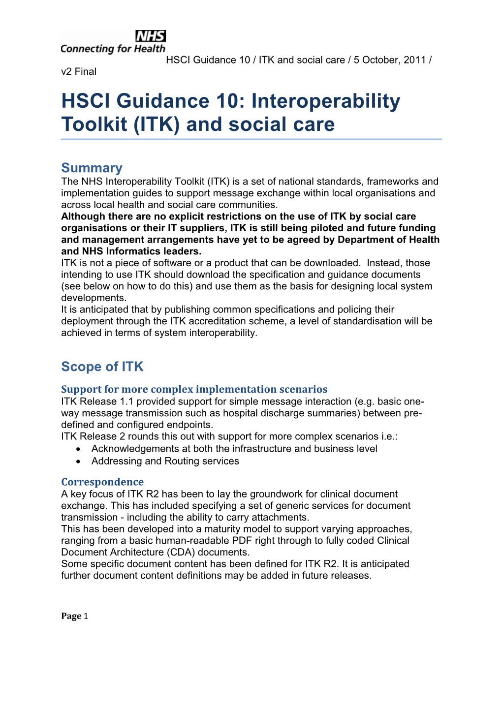 HSCI Guidance 10: Interoperability Toolkit (ITK) and Social Care