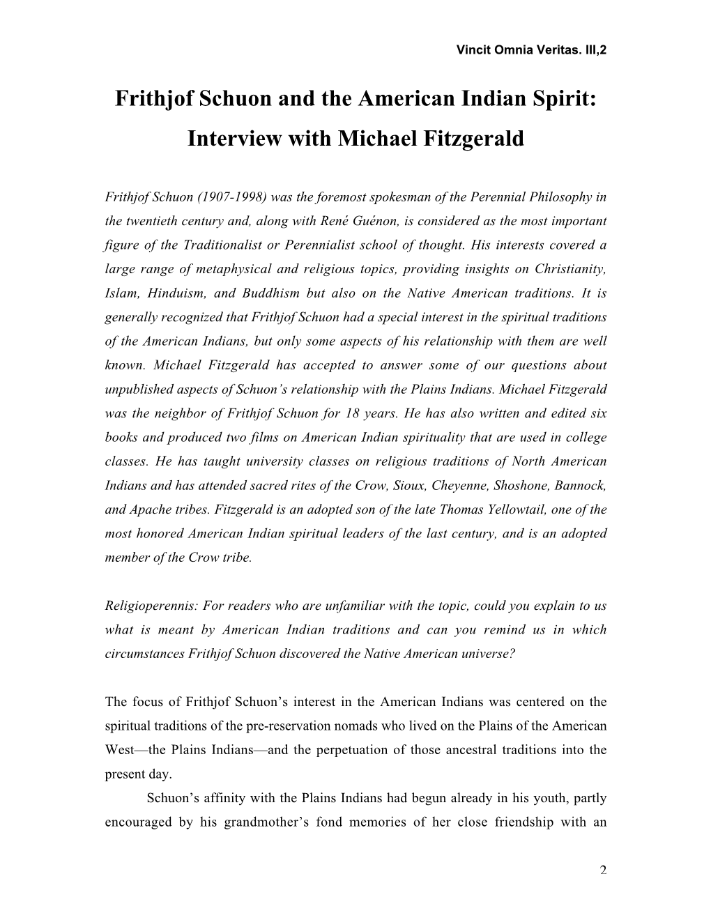 Frithjof Schuon and the American Indian Spirit: Interview with Michael Fitzgerald