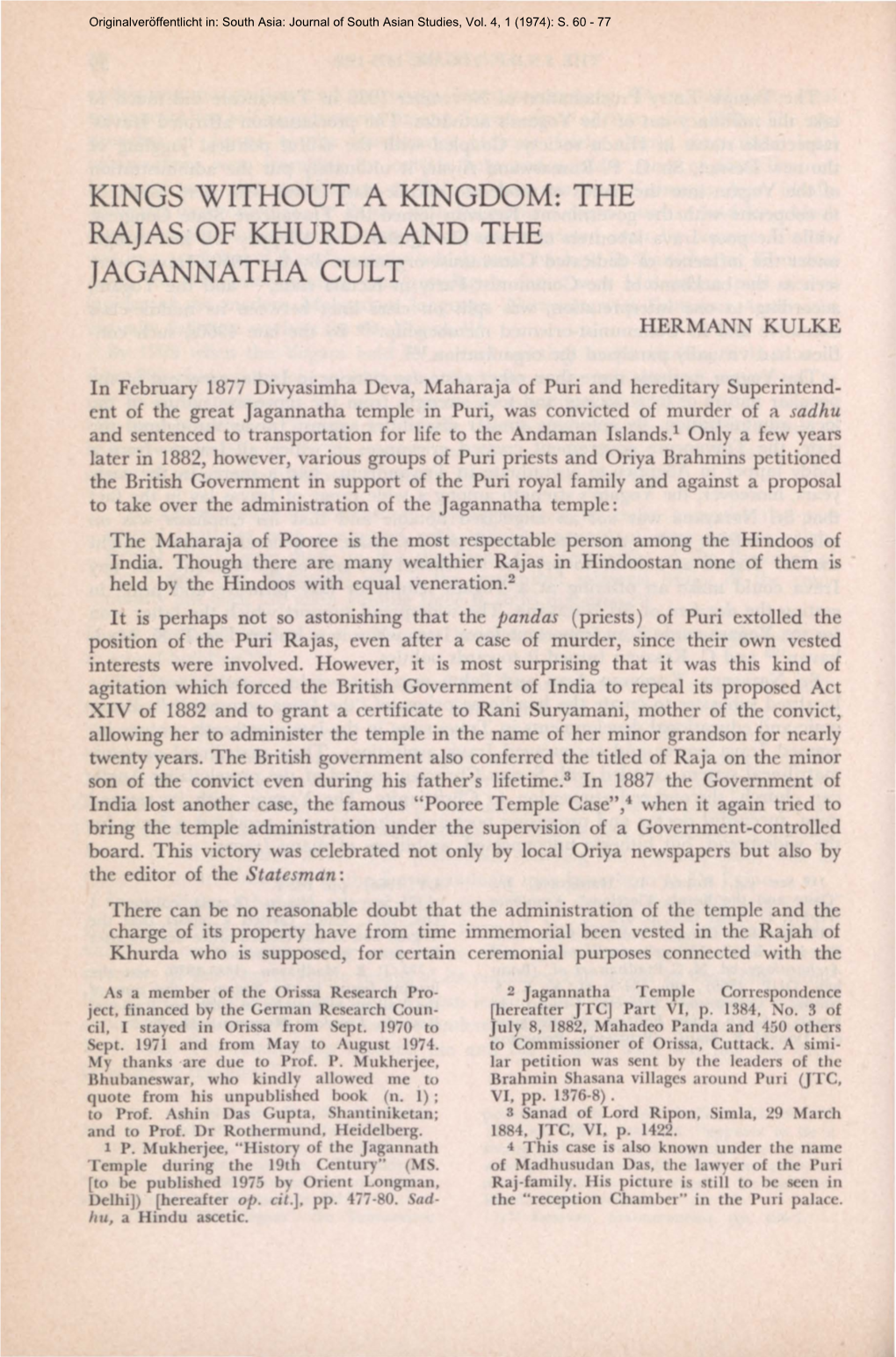 Kings Without a Kingdom: the Rajas of Khurda and the Jagannatha Cult