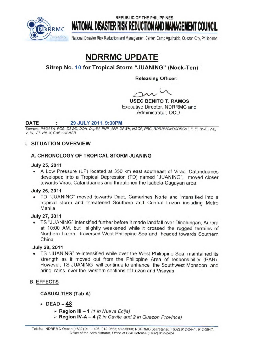 NDRRMC Update Sitrep No 10 Tropical Storm JUANING 29 July