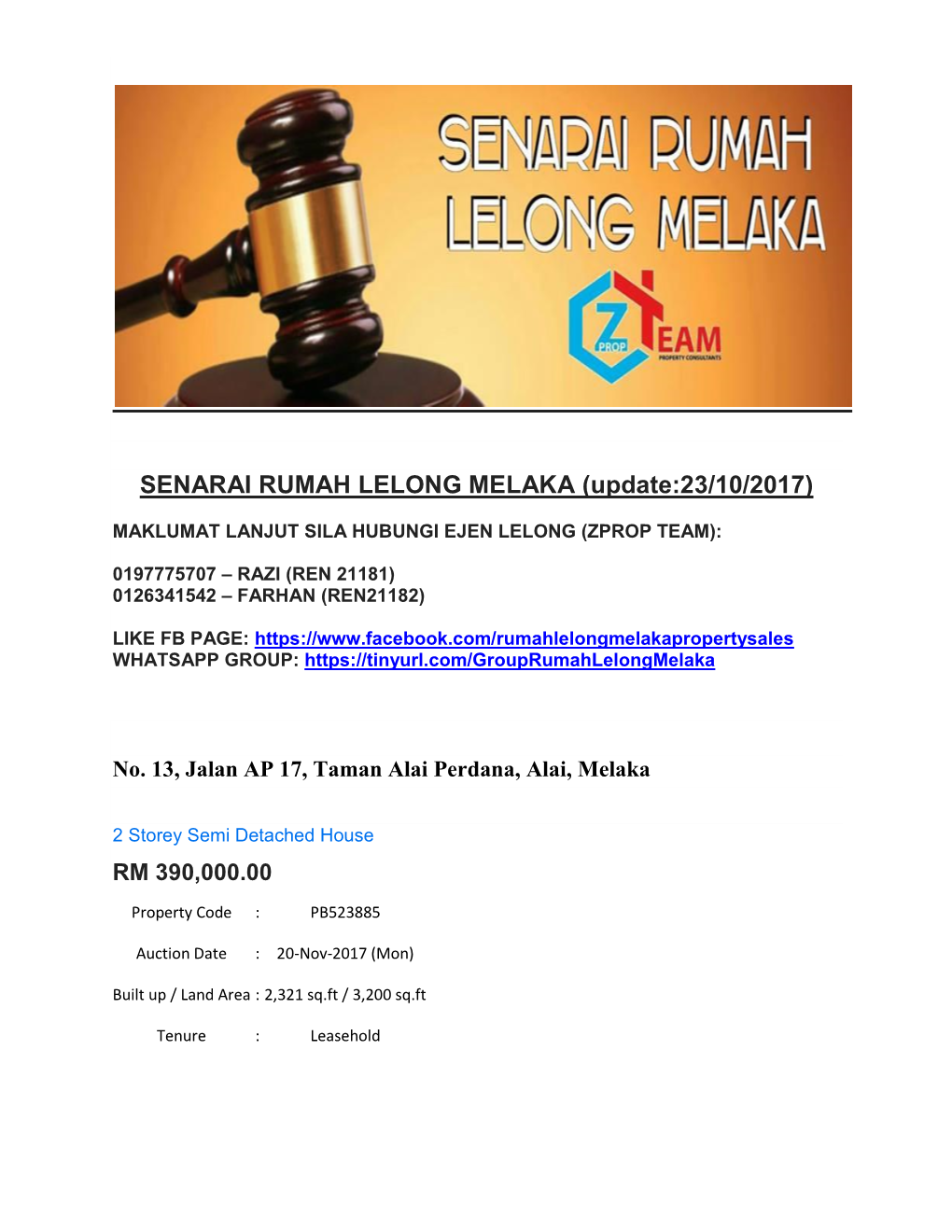 SENARAI RUMAH LELONG MELAKA (Update:23/10/2017)