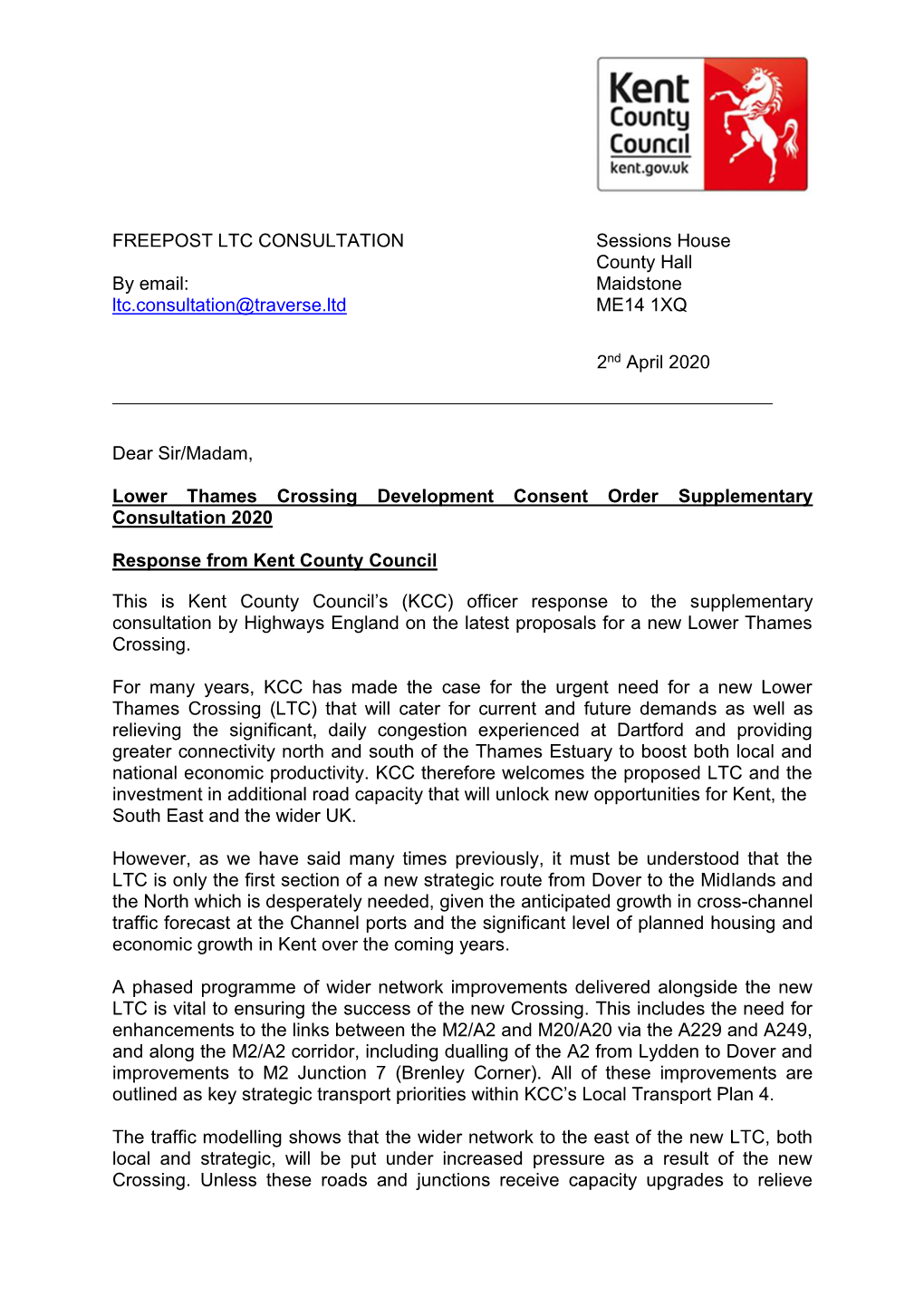Lower Thames Crossing Development Consent Order Supplementary Consultation 2020