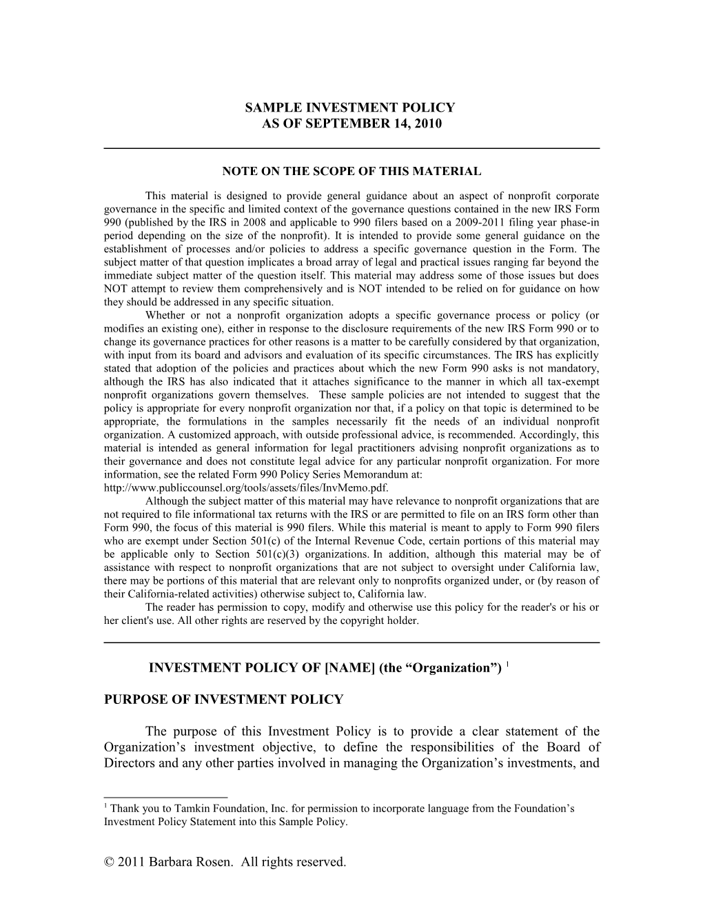 Memorandum Sample Investment Ploicy