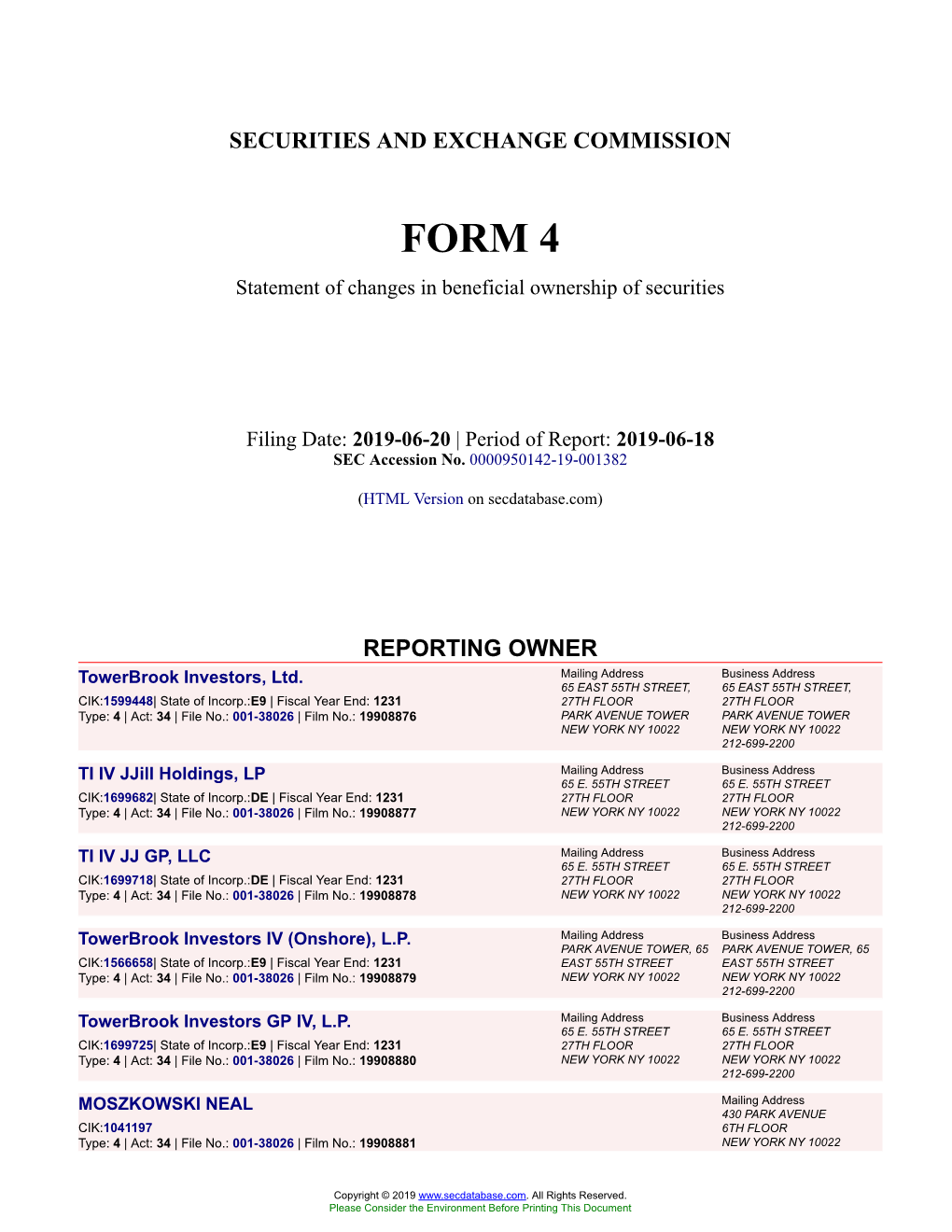 Towerbrook Investors, Ltd. Form 4 Filed 2019-06-20