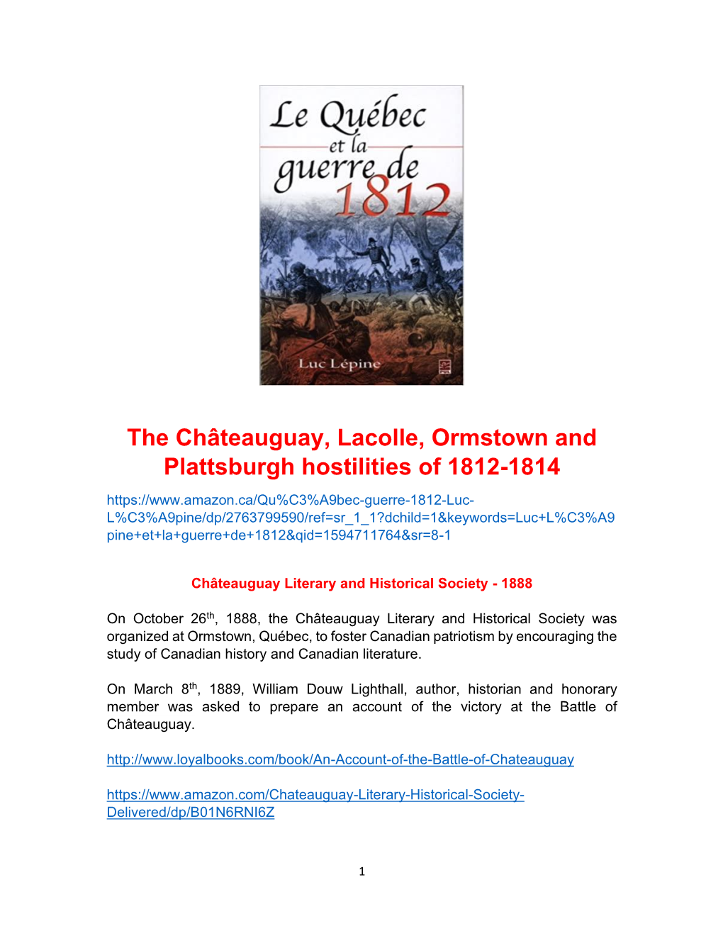 The Châteauguay, Lacolle, Ormstown and Plattsburgh Hostilities of 1812