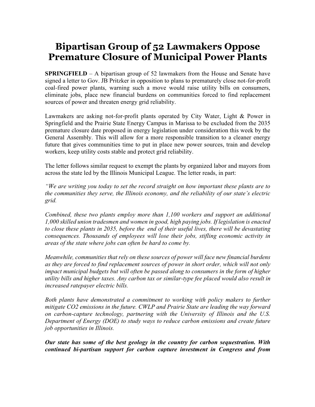 Bipartisan Group of 52 Lawmakers Oppose Premature Closure of Municipal Power Plants