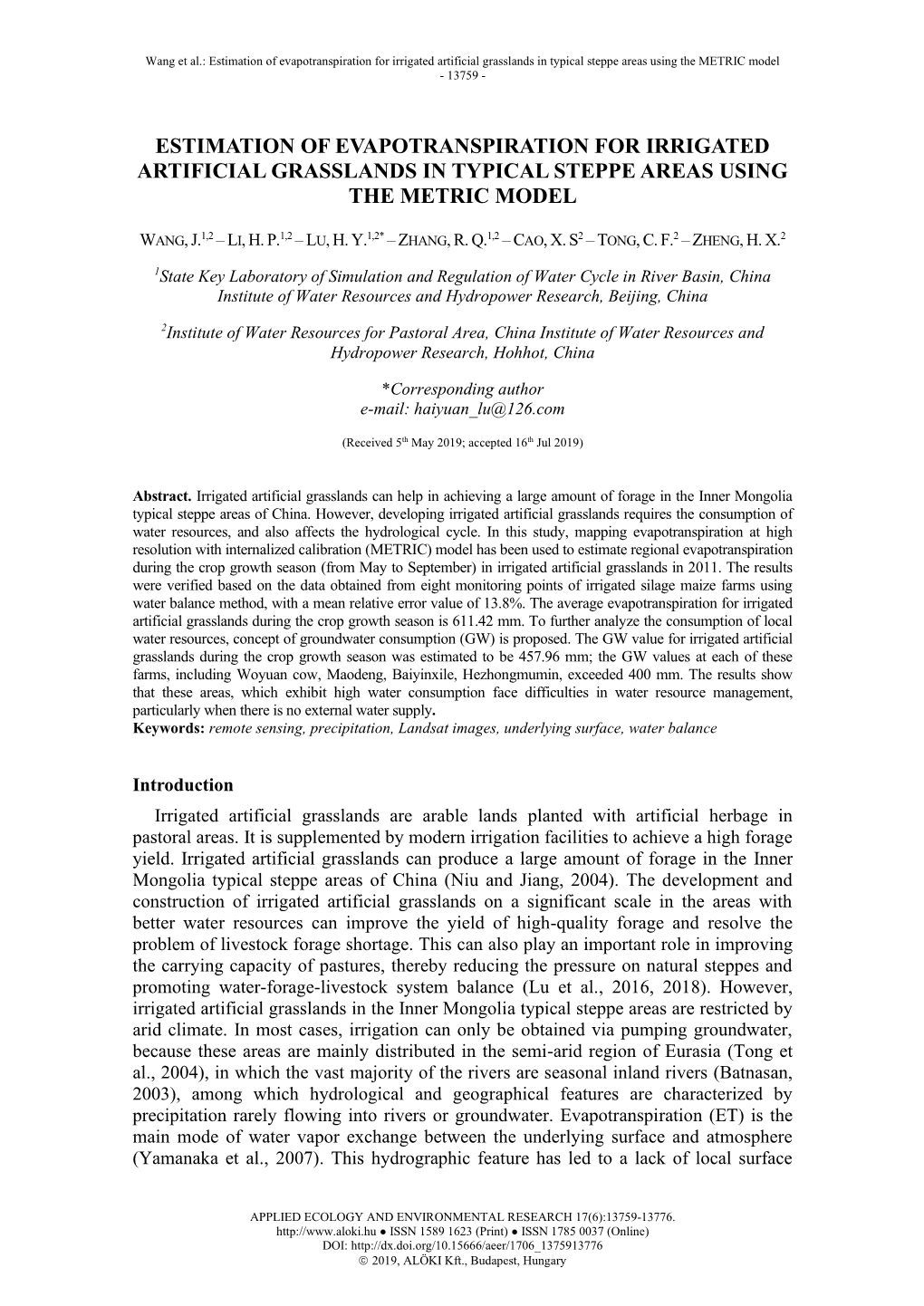 Estimation of Evapotranspiration for Irrigated Artificial Grasslands in Typical Steppe Areas Using the METRIC Model - 13759