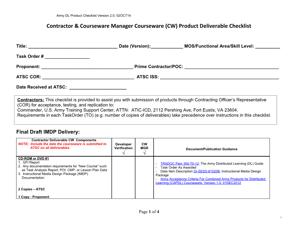 Contractor & Courseware Manager Courseware (CW) Product Deliverable Checklist