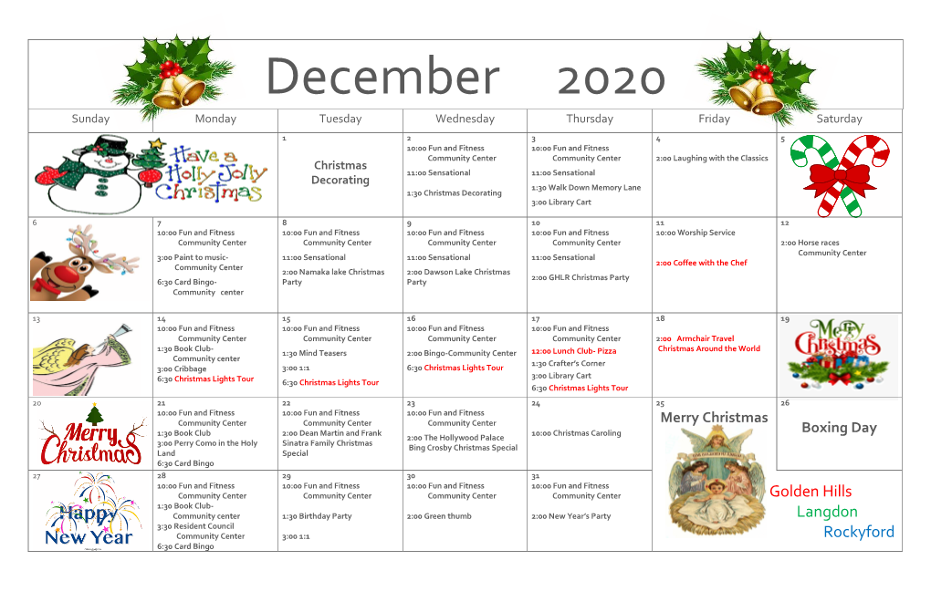 Sagewood GHLR December 2020 Recreation Calendar