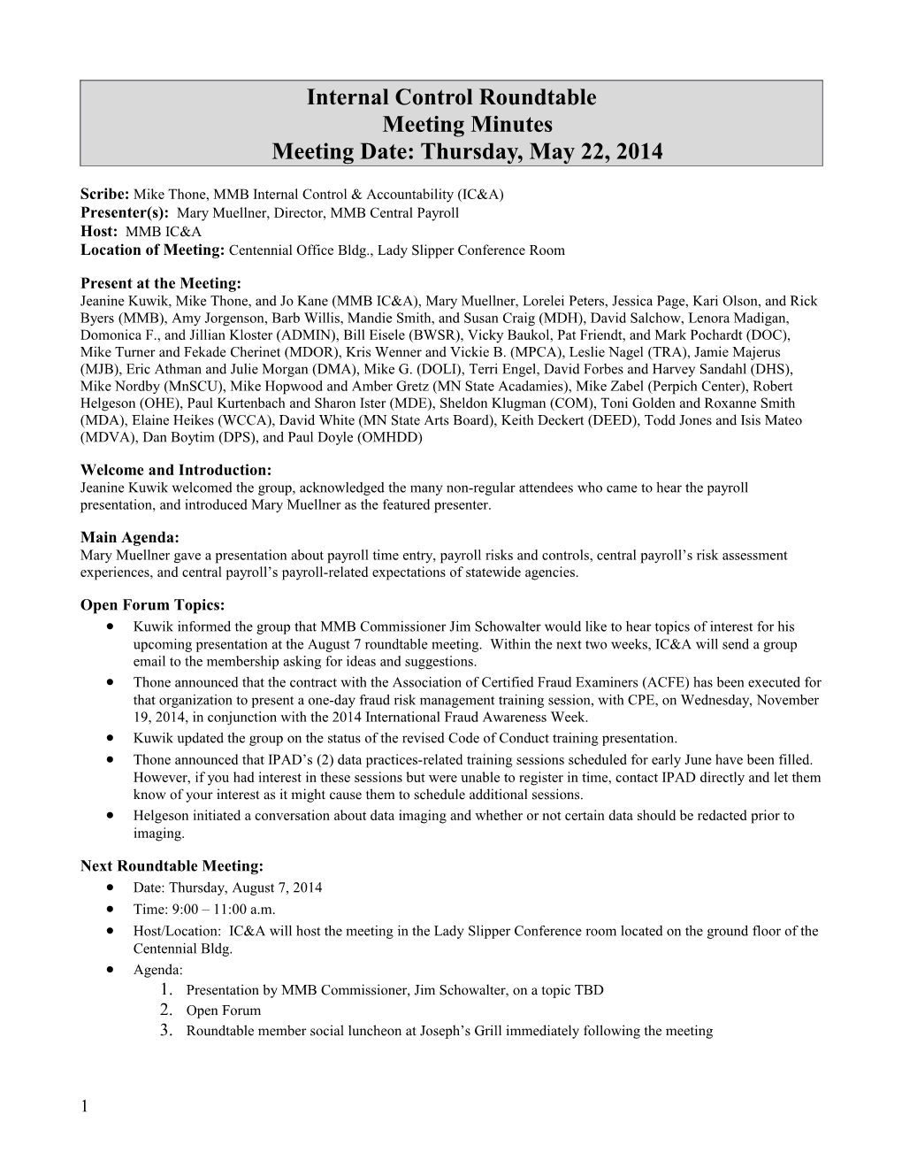 May 22, 2014 Internal Control Roundtable Meeting Minutes