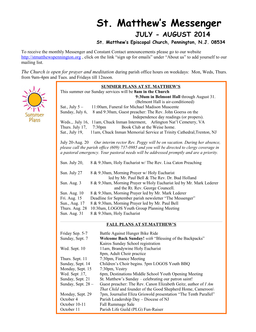 Sunday Summer Service Schedule