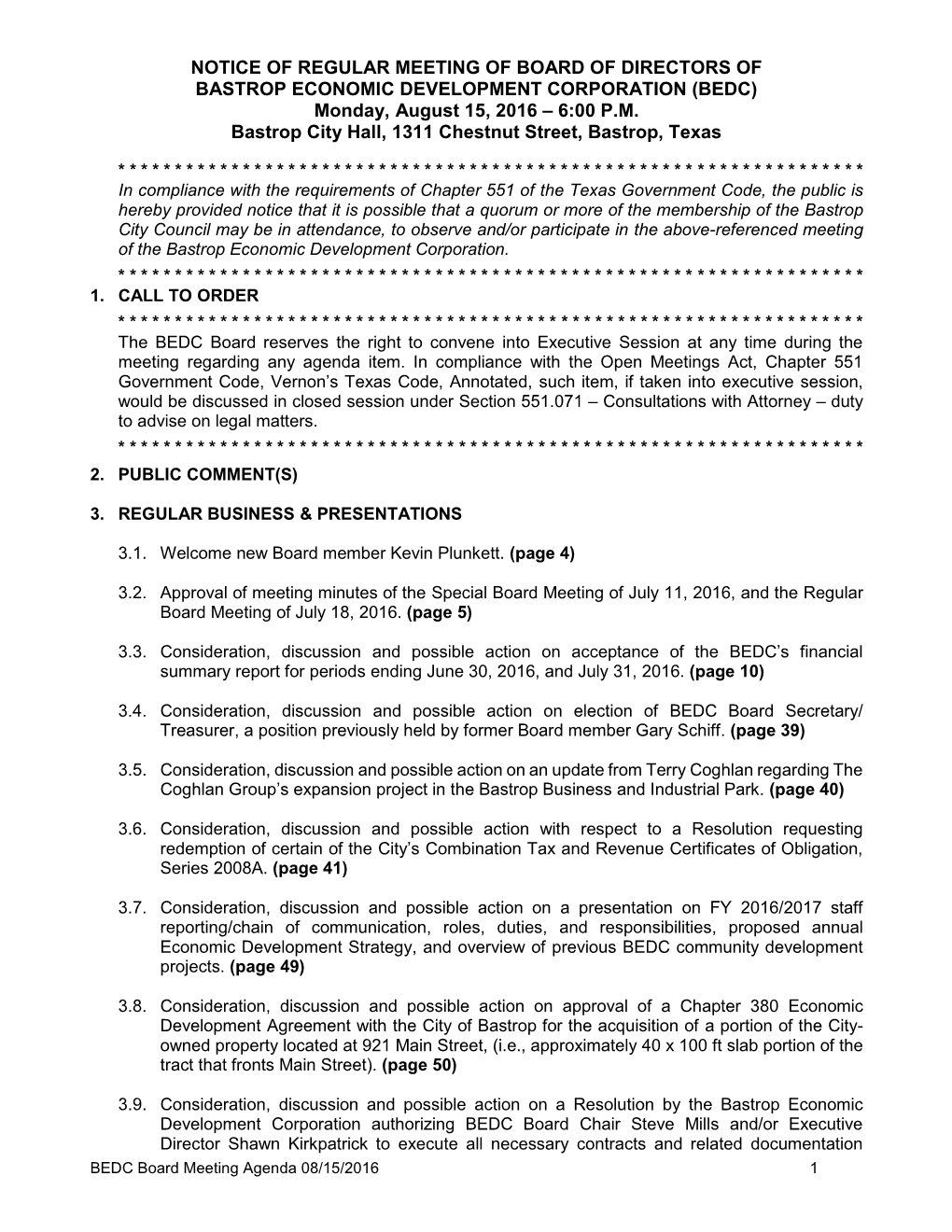 NOTICE of REGULAR MEETING of BOARD of DIRECTORS of BASTROP ECONOMIC DEVELOPMENT CORPORATION (BEDC) Monday, August 15, 2016 – 6:00 P.M