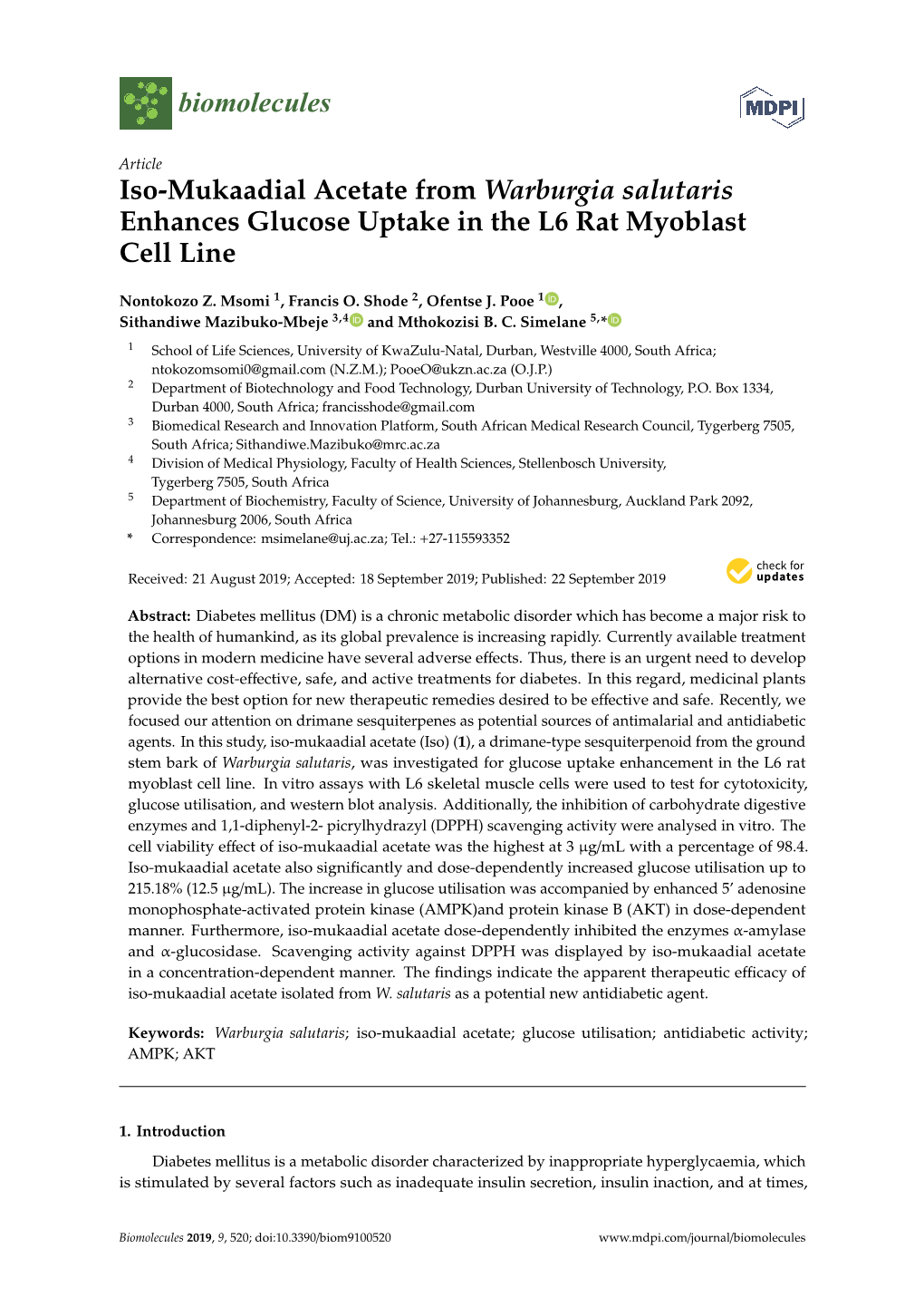Iso-Mukaadial Acetate from Warburgia Salutaris Enhances Glucose Uptake in the L6 Rat Myoblast Cell Line