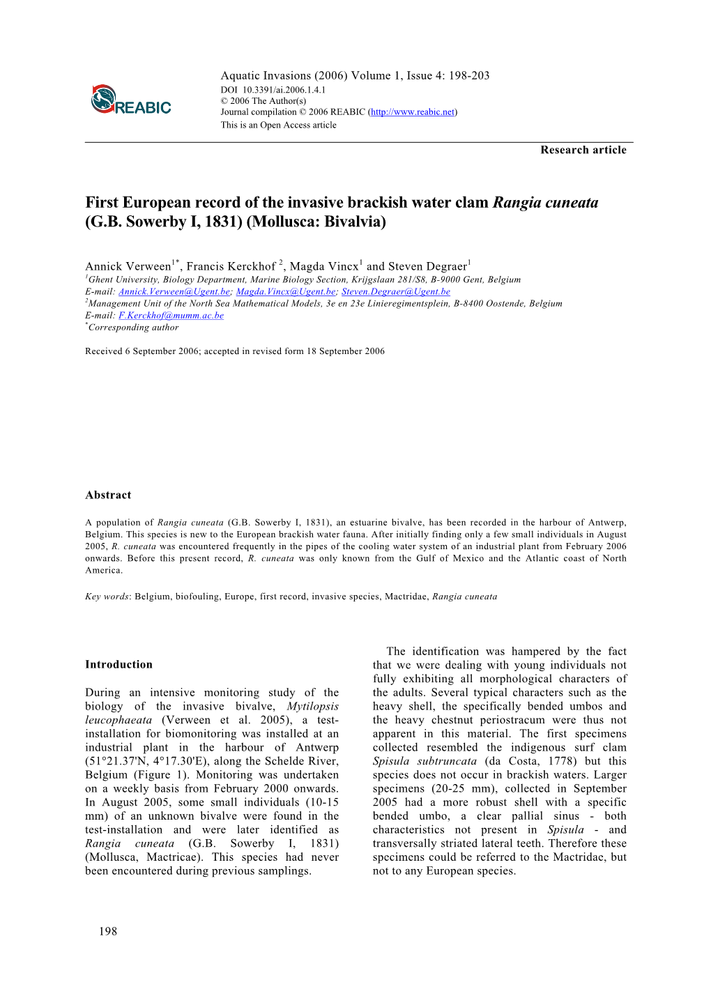 First European Record of the Invasive Brackish Water Clam Rangia Cuneata (G.B