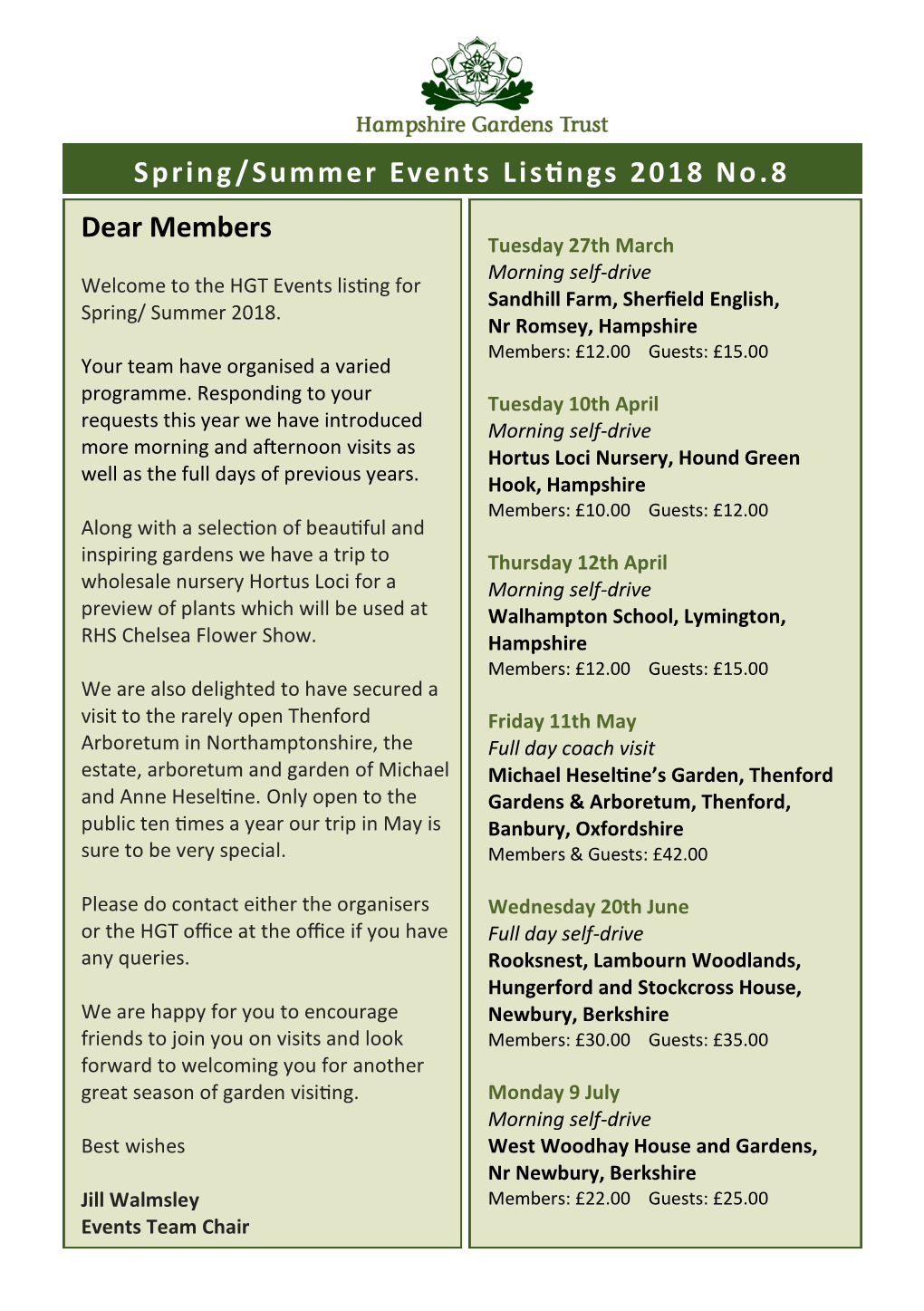 Dear Members Spring/Summer Events Listings 2018 No.8