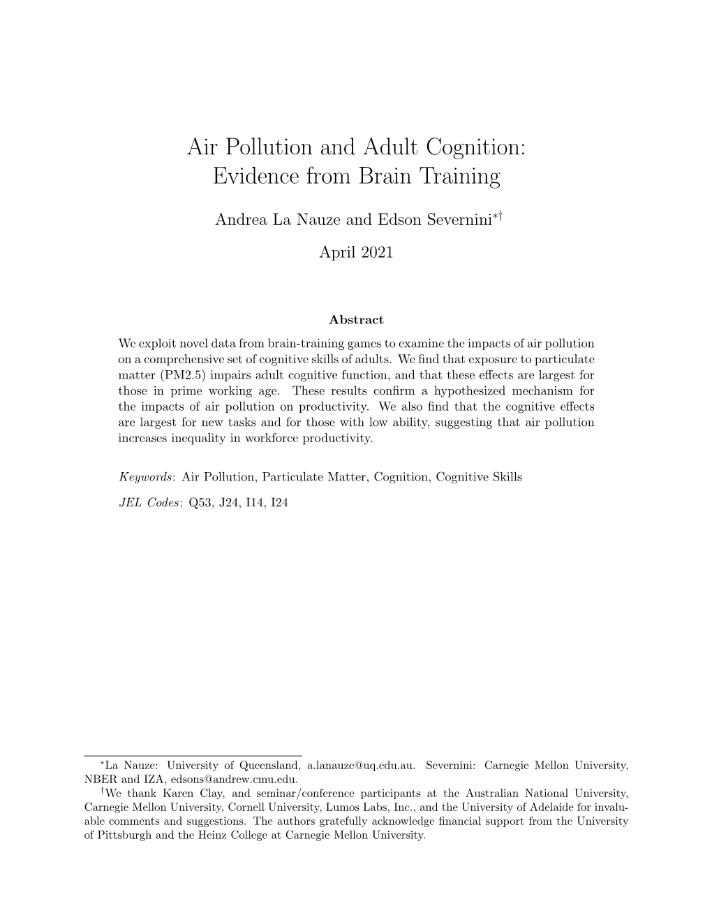 Air Pollution and Adult Cognition: Evidence from Brain Training