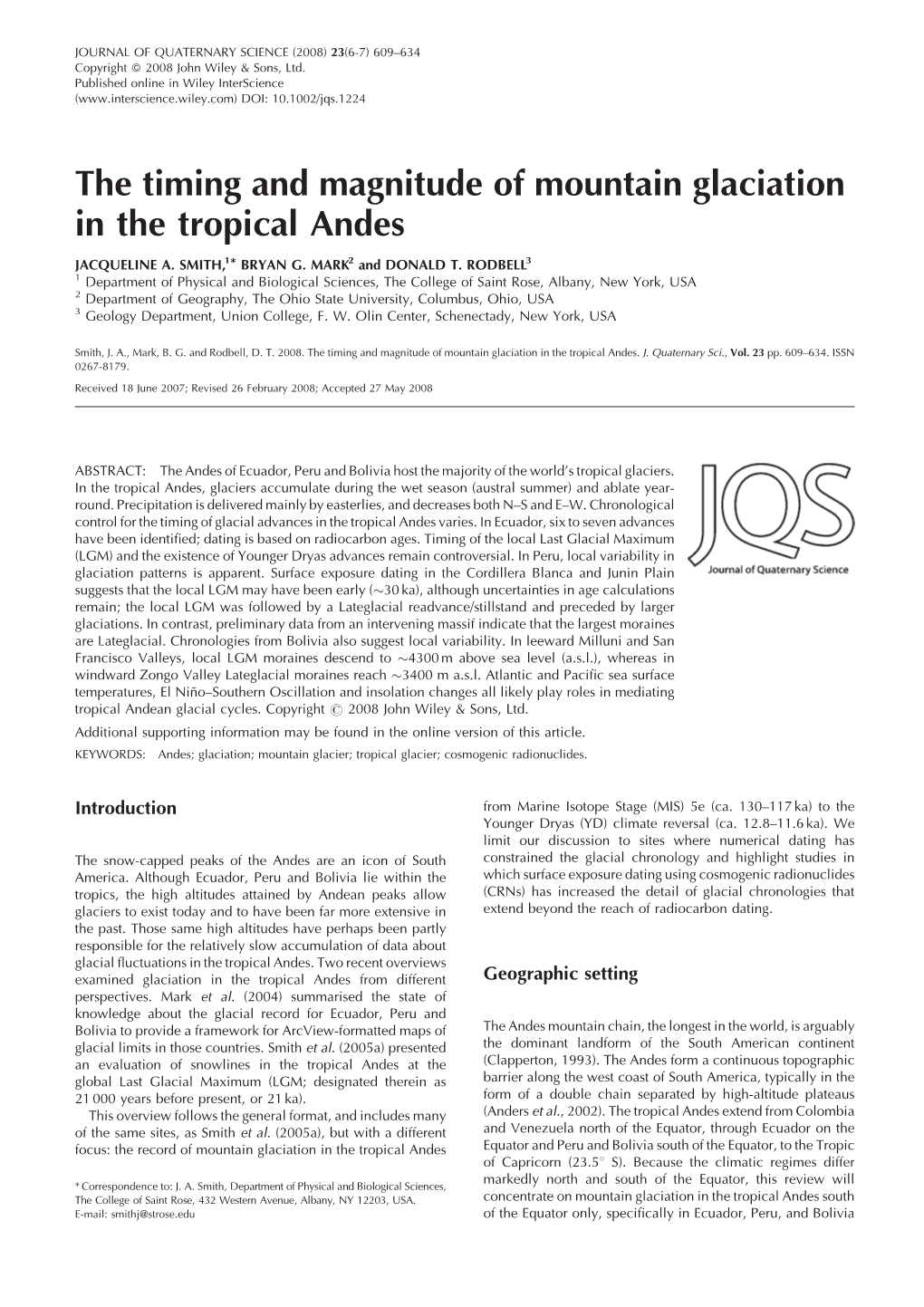 The Timing and Magnitude of Mountain Glaciation in the Tropical Andes