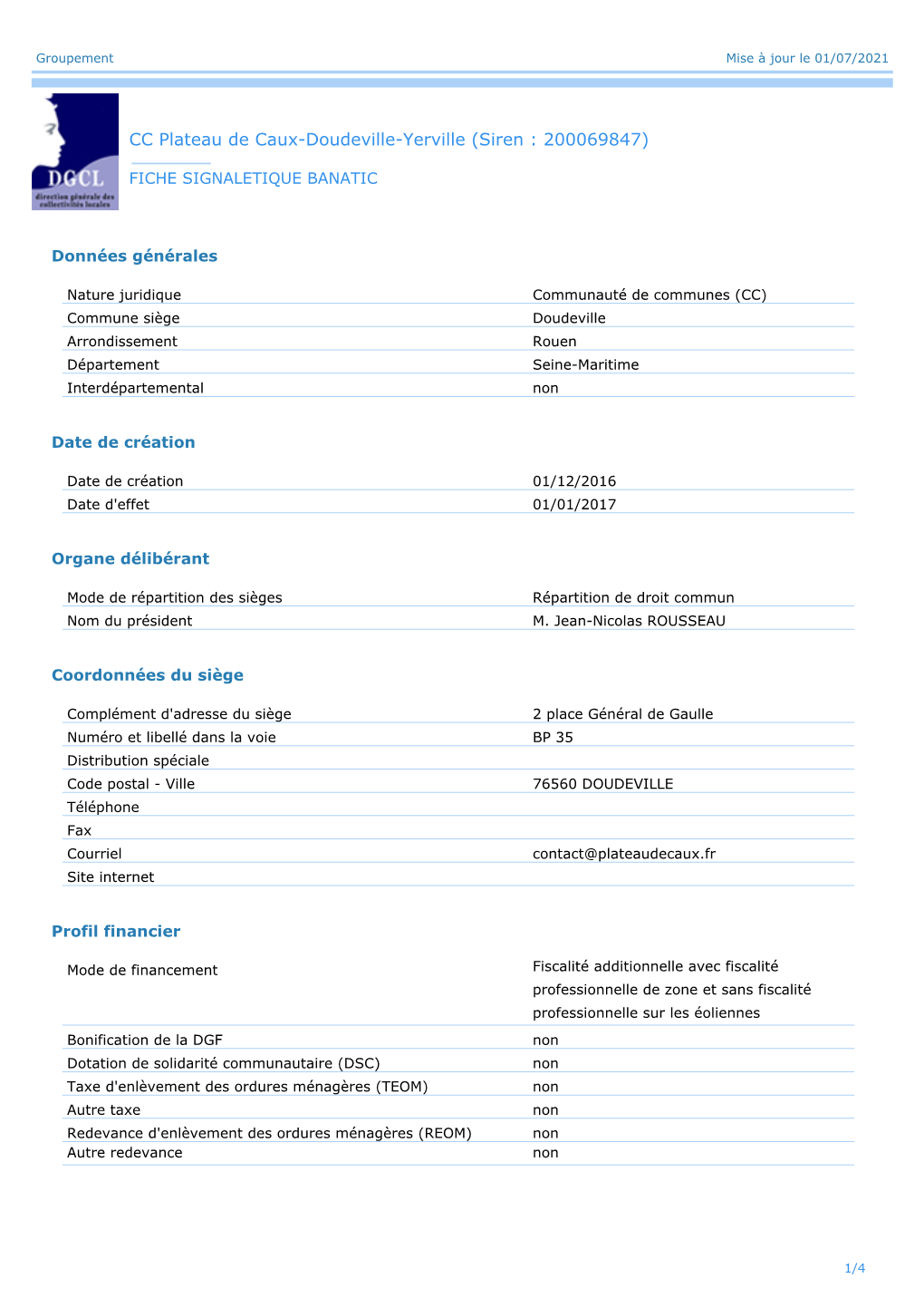 CC Plateau De Caux-Doudeville-Yerville (Siren : 200069847)