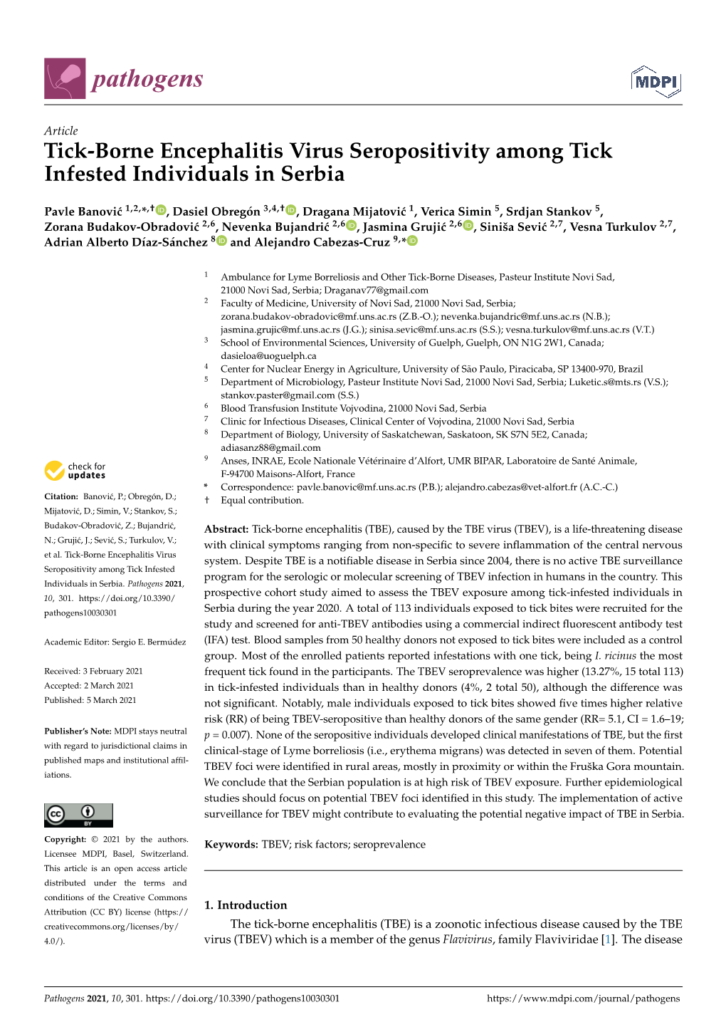 Tick-Borne Encephalitis Virus Seropositivity Among Tick Infested Individuals in Serbia