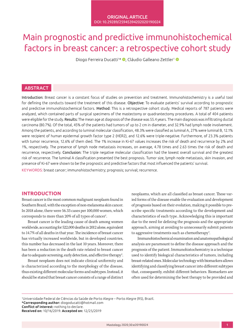 Prognostic and Predictive Immunohistochemical Factors in Breast Cancer: a Retrospective Cohort Study