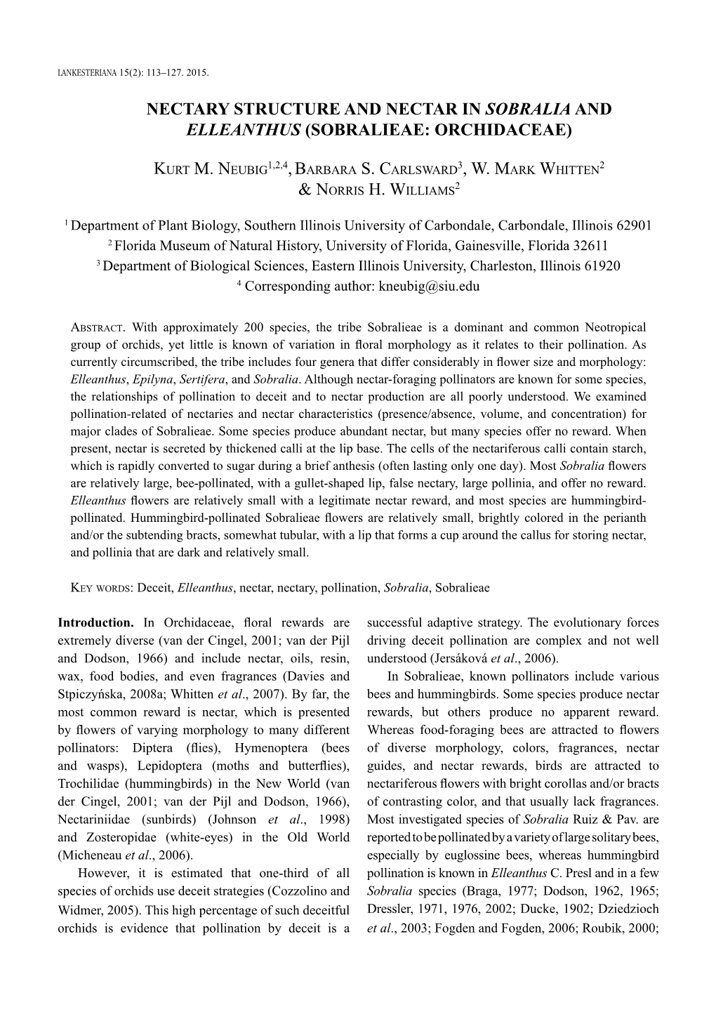 Nectary Structure and Nectar in Sobralia and Elleanthus (Sobralieae: Orchidaceae)