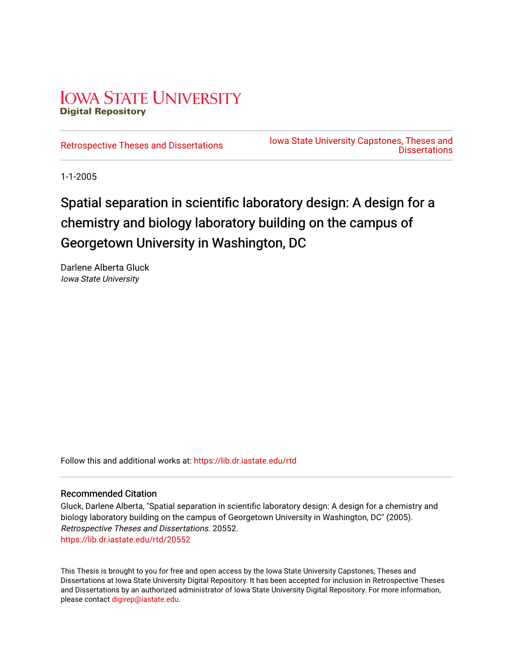 Spatial Separation in Scientific Laboratory Design: a Design for a Chemistry and Biology Laboratory Building on the Campus of Georgetown University in Washington, DC