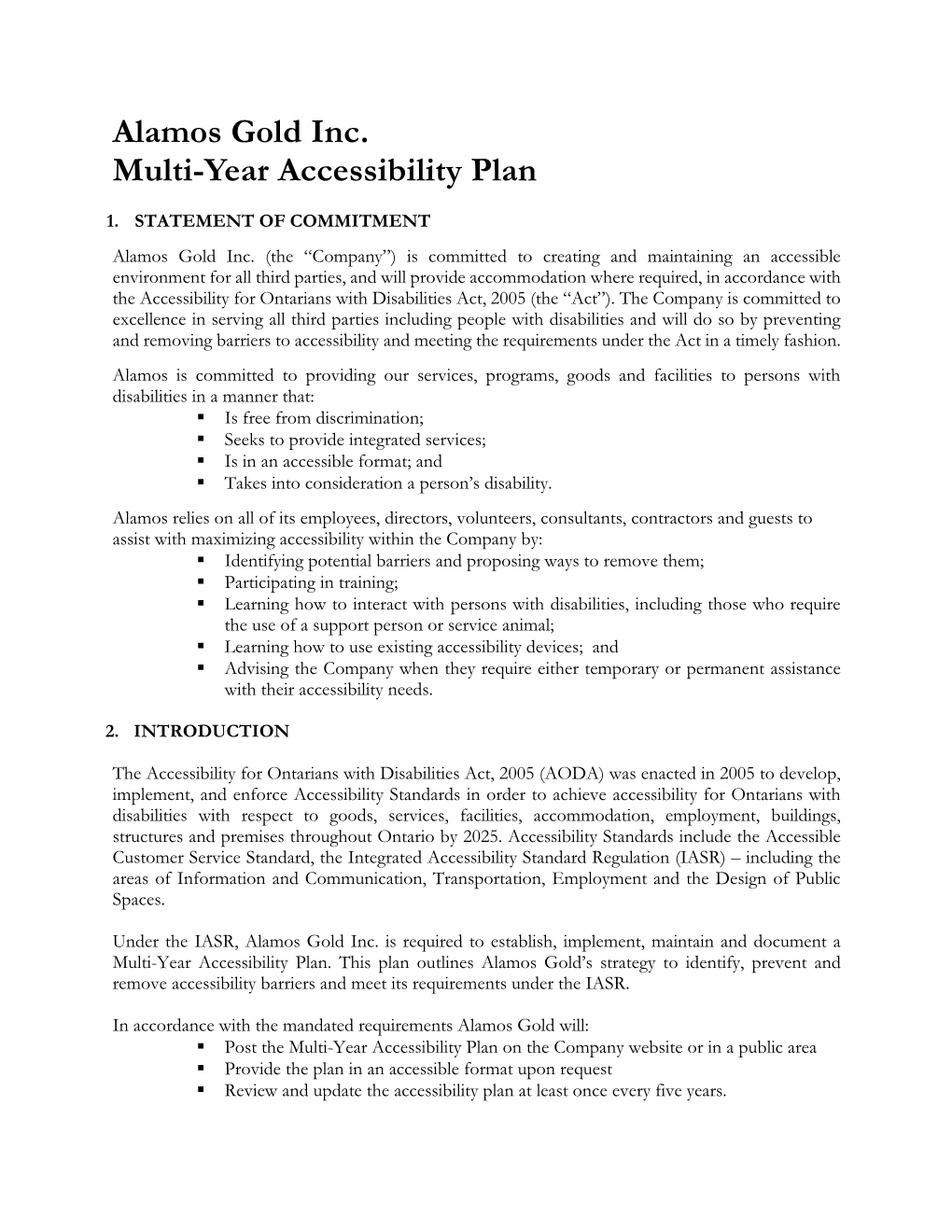 Alamos Gold Inc. Multi-Year Accessibility Plan