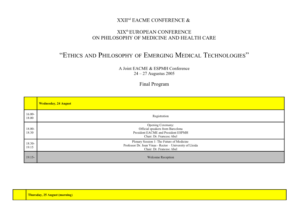 ESPMH-ELSAGEN CONFERENCE 2004 Draft Programme