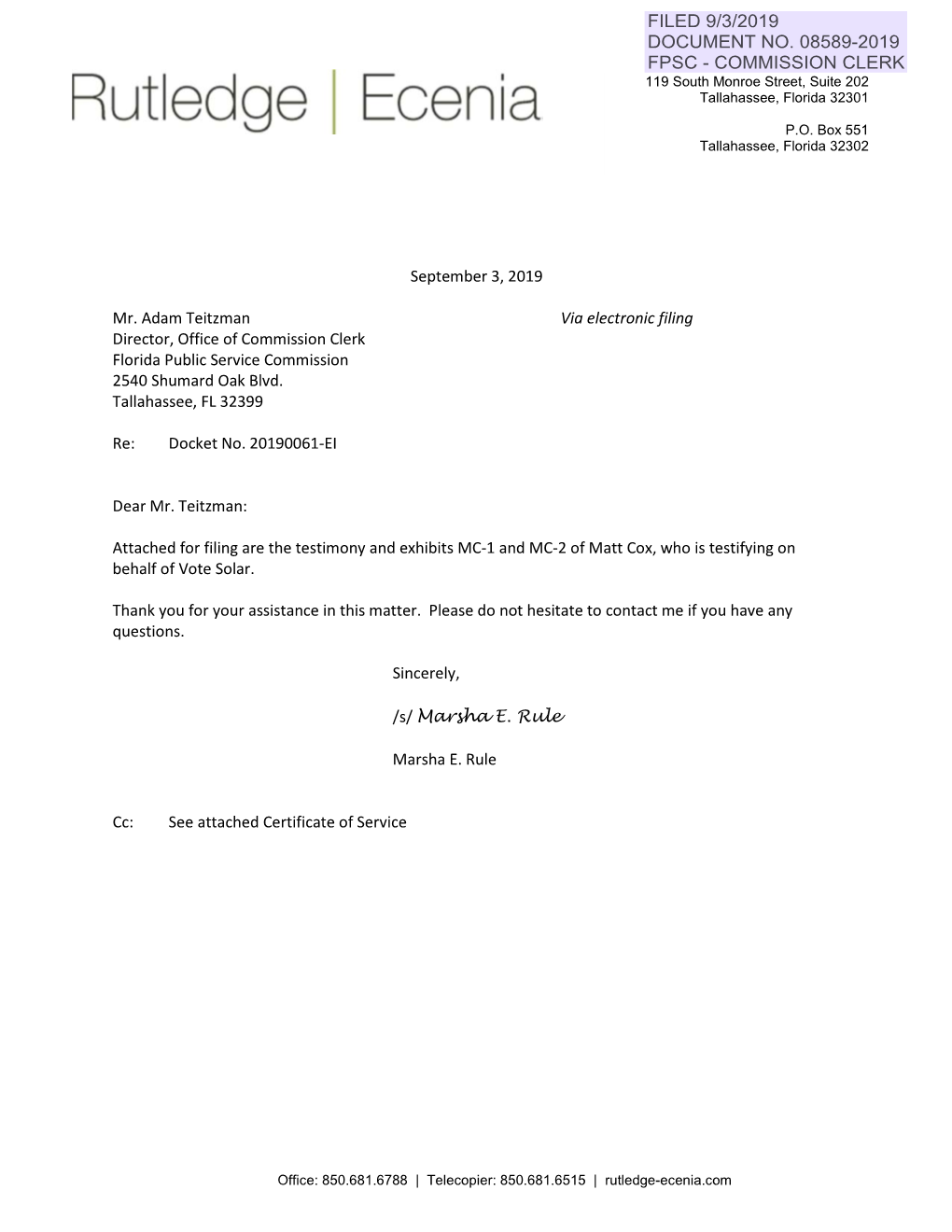 September 3, 2019 Mr. Adam Teitzman Via Electronic Filing