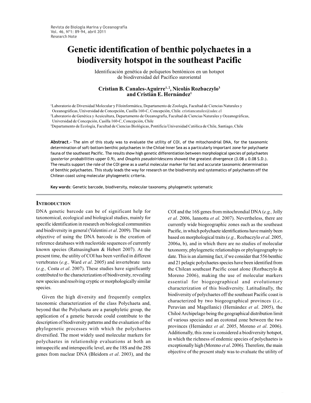 Genetic Identification of Benthic Polychaetes in a Biodiversity Hotspot in the Southeast Pacific