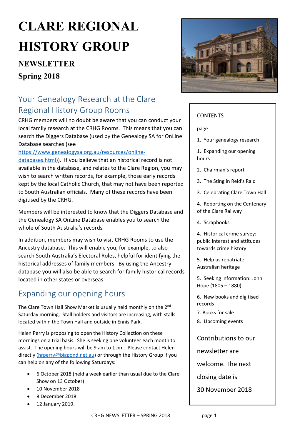 CLARE REGIONAL HISTORY GROUP NEWSLETTER Spring 2018