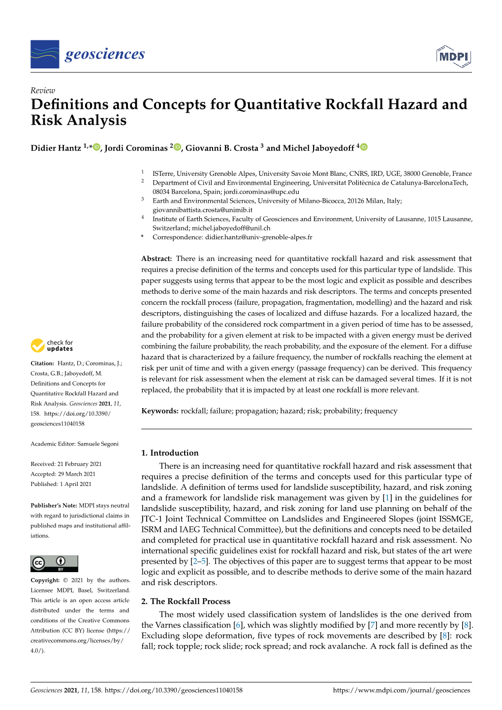 Definitions and Concepts for Quantitative Rockfall Hazard And