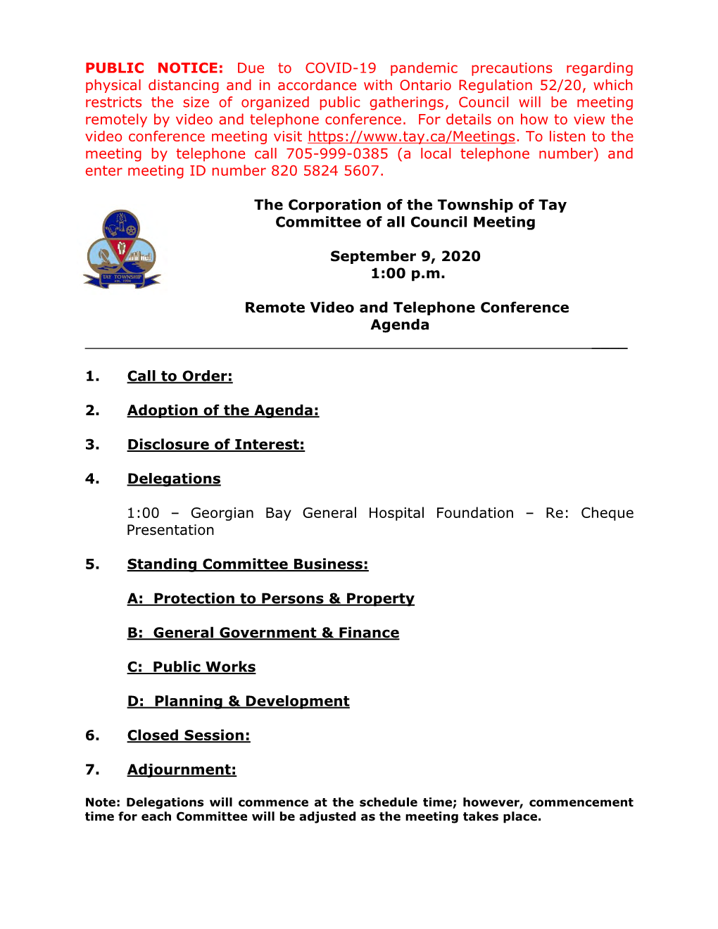 The Corporation of the Township of Tay Committee of All Council Meeting